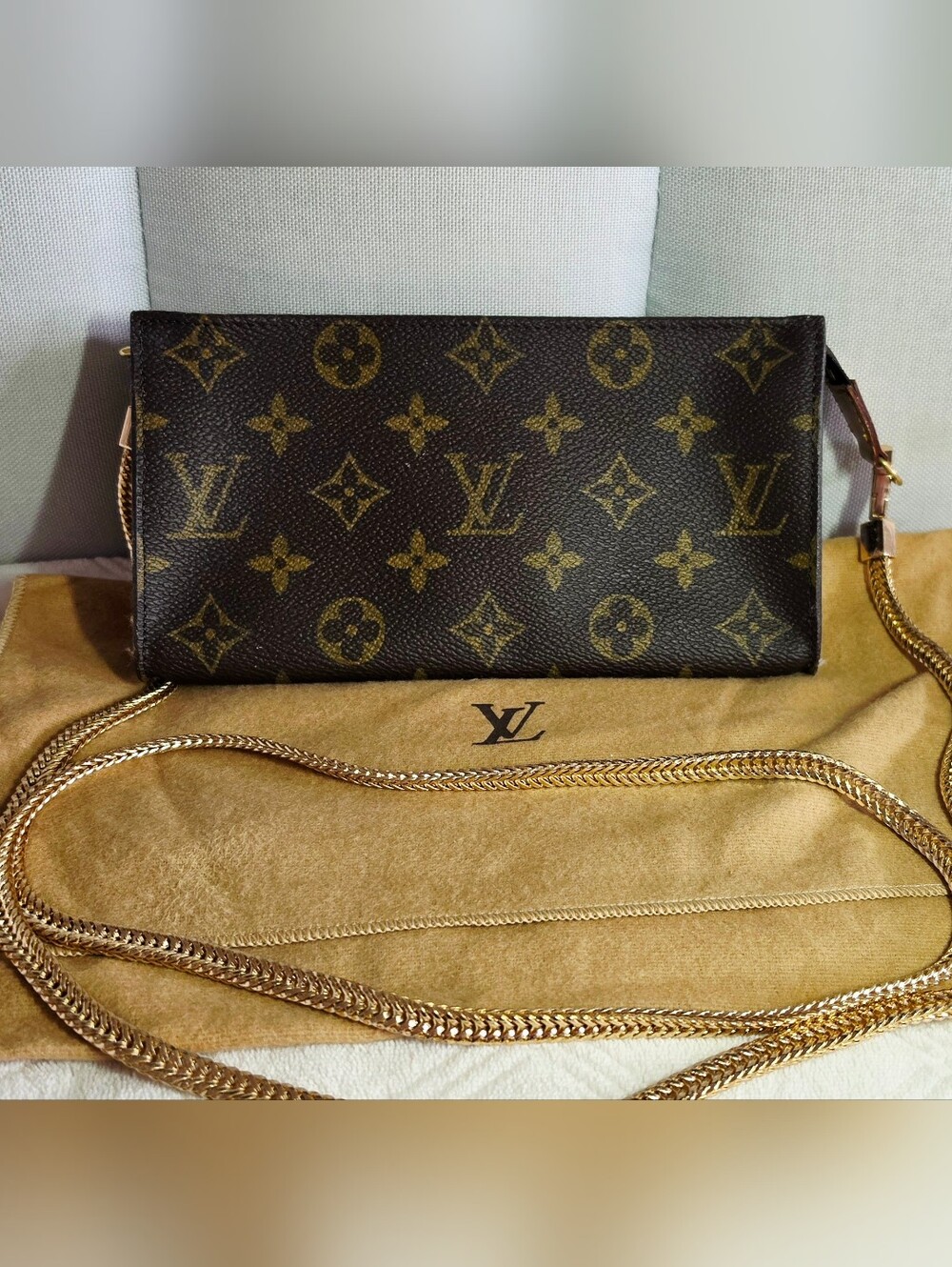 Authentic Louis Vuitton Brown Monogram Pouch With Added Chain
